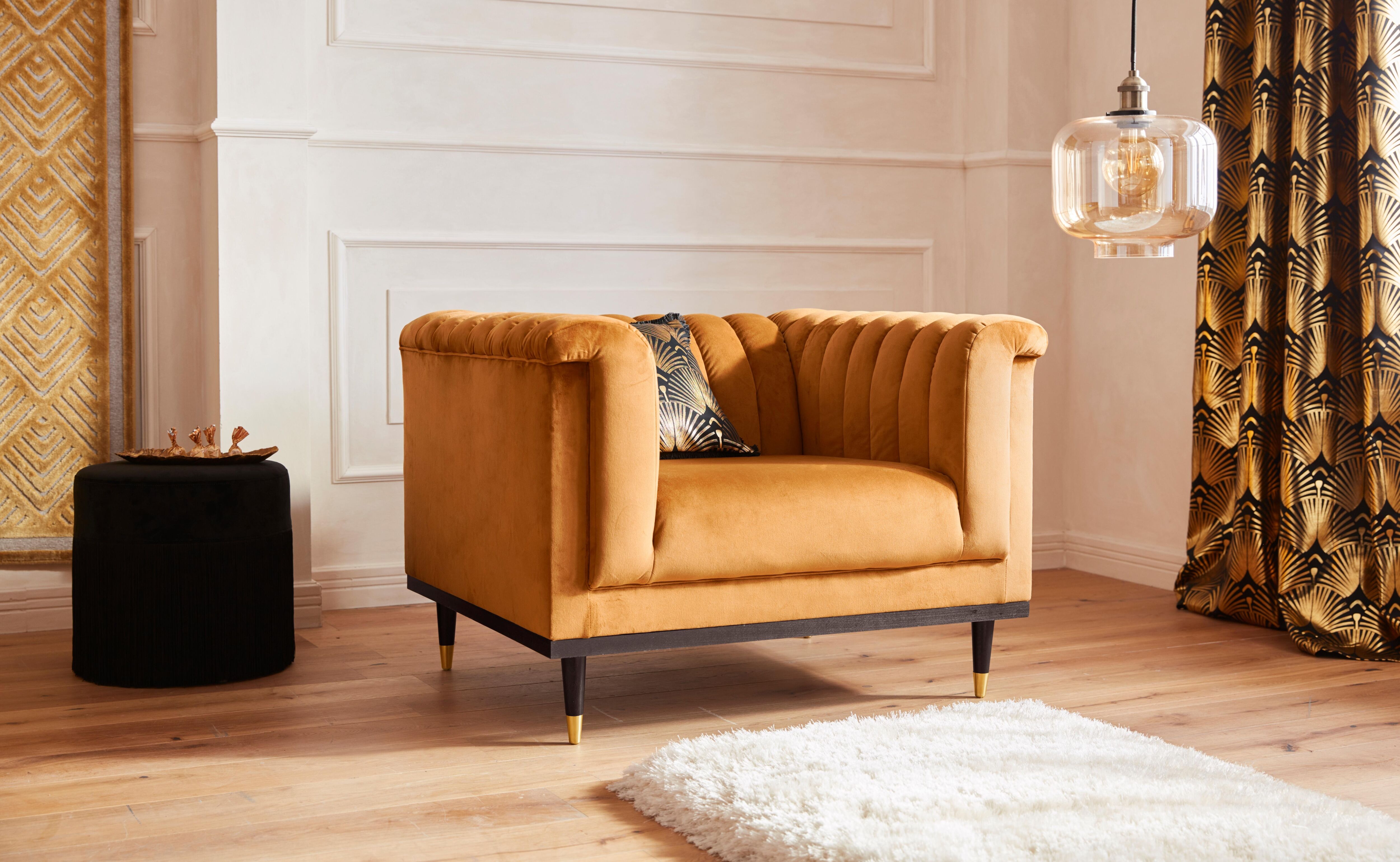 Sessel HOME AFFAIRE "Chamby", gold (goldfarben), B:100cm H:71cm T:85cm, Luxus-Microfaser Lederoptik (100% Polyester), Scheuertouren: 40.000, Pilling: 4;Samtoptik (100% Polyester), Scheuertouren >100.000, Pilling: 5, Sessel, Sessel, mit Holzrahmen unten un