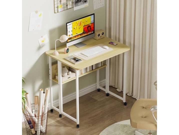 Bureau D'ordinateur Mobile À Roulettes - MIPAN - Bois D'Érable Blanc - 80x58x75cm - Pliable - Avec Support Pour Livres