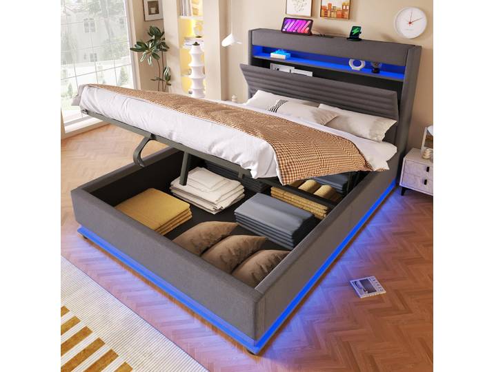 STILVORA Polsterbett 140x200 cm mit USB Typ-C Ladefunktion, Stauraumbett mit LED-Beleuchtung, Schlafbett mit hydraulischer Lagerung und Flip-Top-Aufbewahrungsfach, Drucktaste/App-Steuerung, Grau