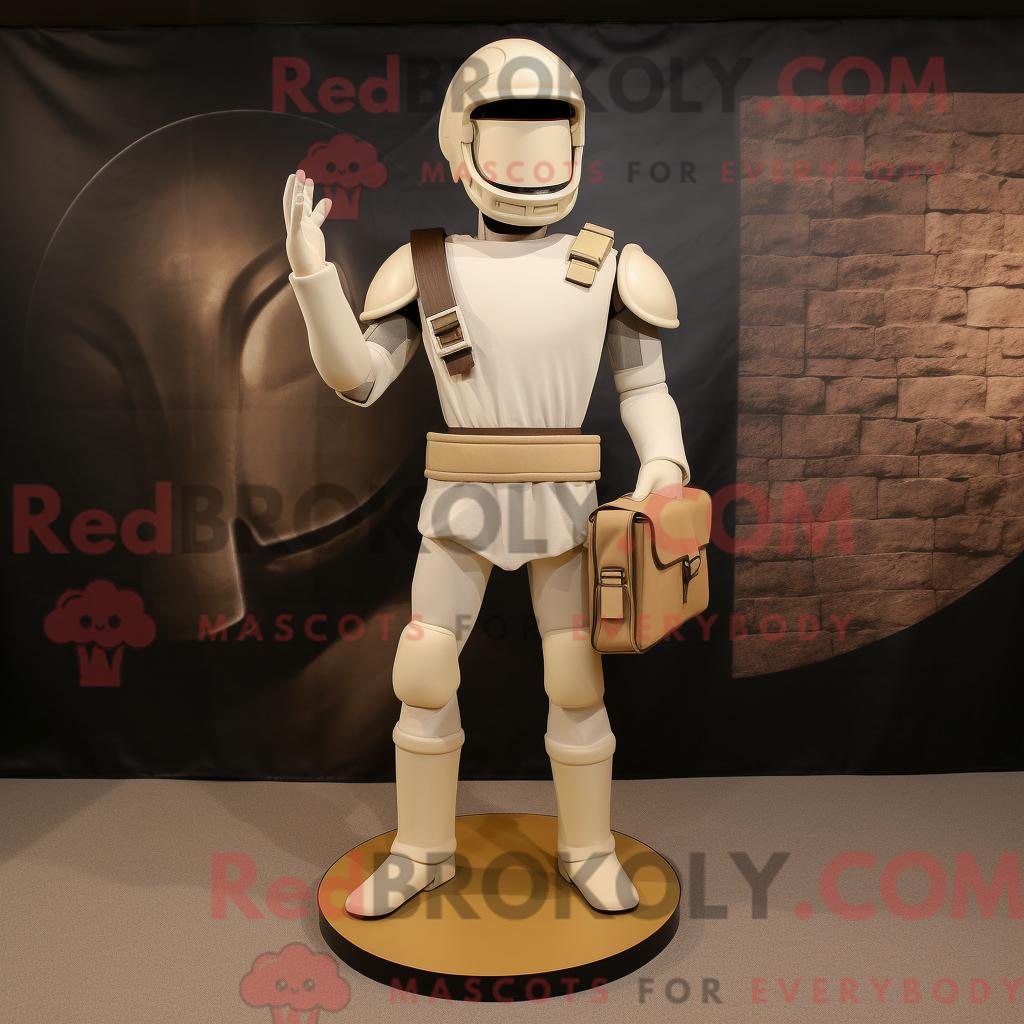 Maskottchen REDBROKOLY eines cremefarbenen spartanischen Soldaten mit Röhrenjeans und Aktentasche