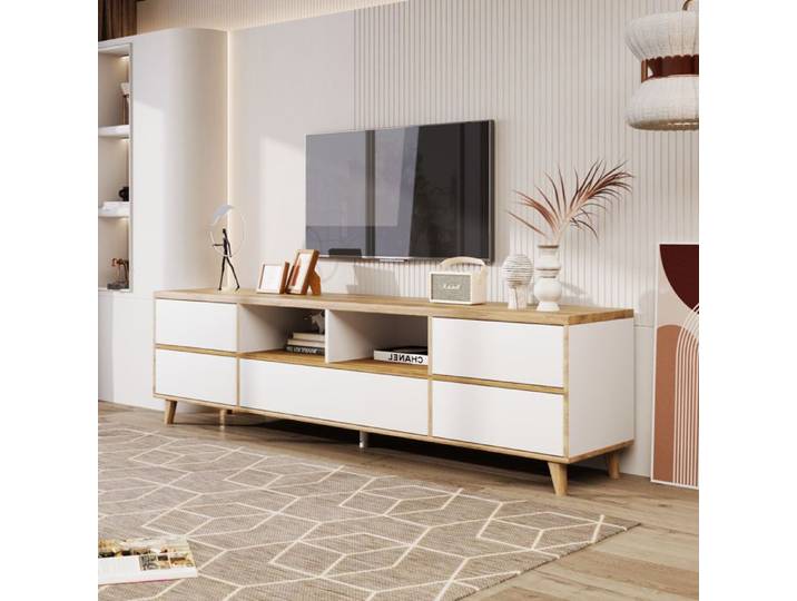 Armoire TV SOMUBI Meuble TV avec 5 Portes 2 étagères blanc et bois style naturel Meuble de Salon Moderne 170 x 40 x 53 cm