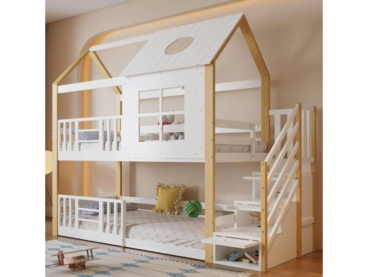 Lit superposé cabane enfant - KOMHTOM - Lit cabane - 90 x 200 cm - Escalier de rangement - Blanc/Naturel
