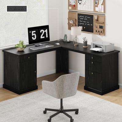 "Garvee 60"" Fluted L-Shaped Desk with File Drawer and Charging Station"