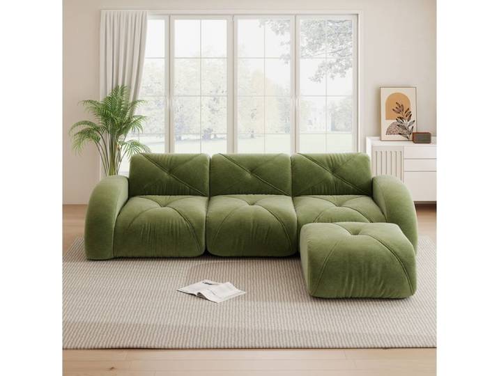 Canape Modulable 3 Places En Chenille Verte Canape D Angle Reversible FloraGrace Pour Salon Sans Montage 281x171x76cm