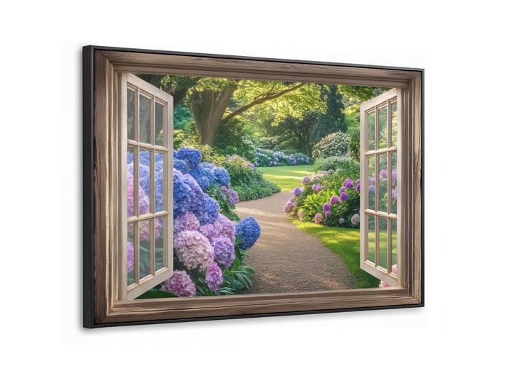 MuchoWow Leinwand Bilder mit Rahmen - Aussicht - Garten - Fenster - Hortensie - Blumen - 90x60, Pastellblau, Rechteckig, 90x60 cm, gerahmt, Bilder & Rahmen, Bilder, Leinwandbilder
