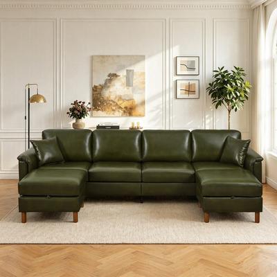 Loedds 120-Inch Faux Leather Sectional Sofa with Storage & Ottoman & Wood Legs