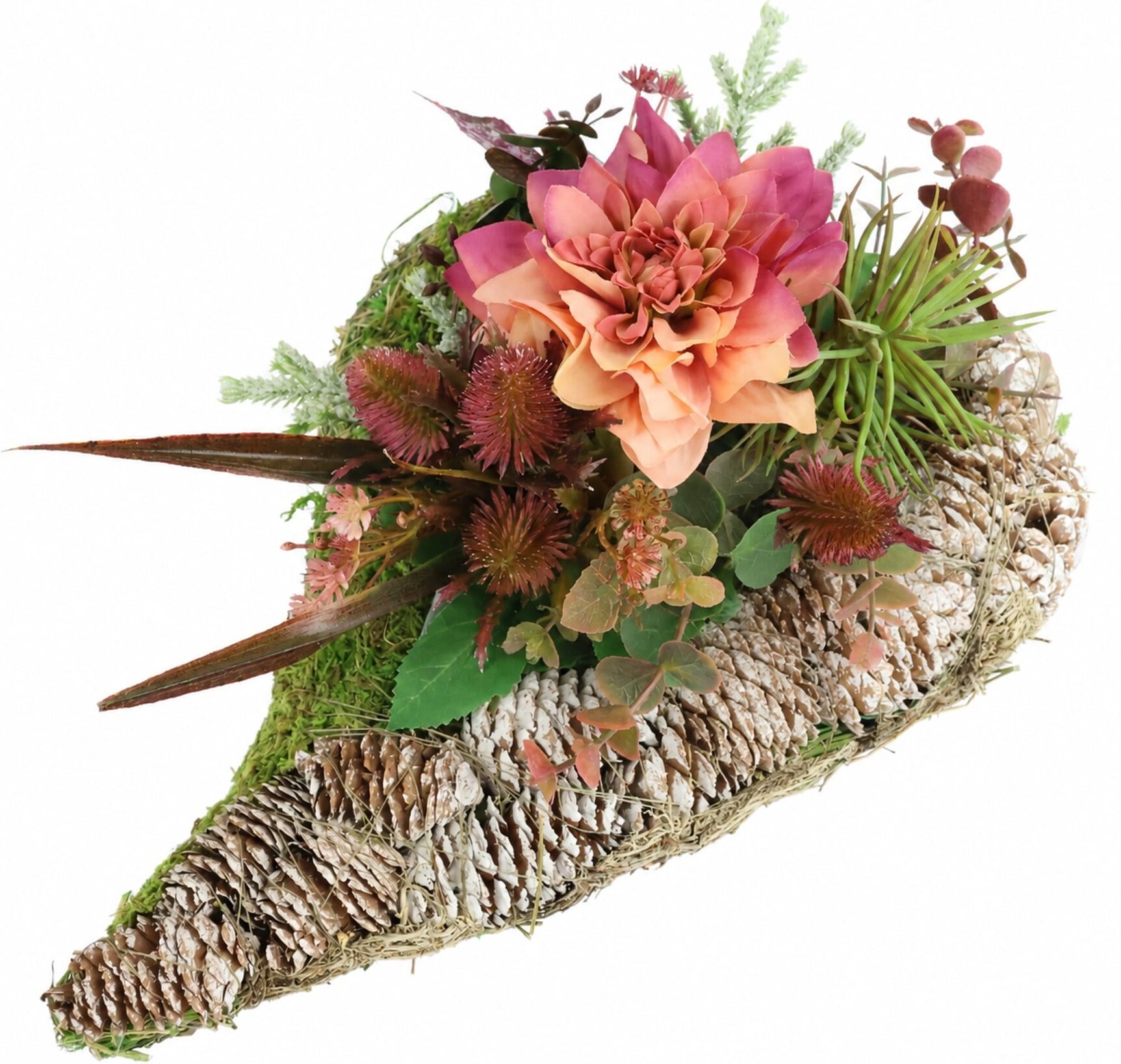 Kunstblume OTTO HOME "Herz Gesteck mit Dahlie in Herz-Pflanzschale", bunt (mauve), B:28cm H:14cm L:22cm, Kunstpflanzen, Herbstdekoration mit Dahlienblüte, Zapfen und Kunstpflanzen