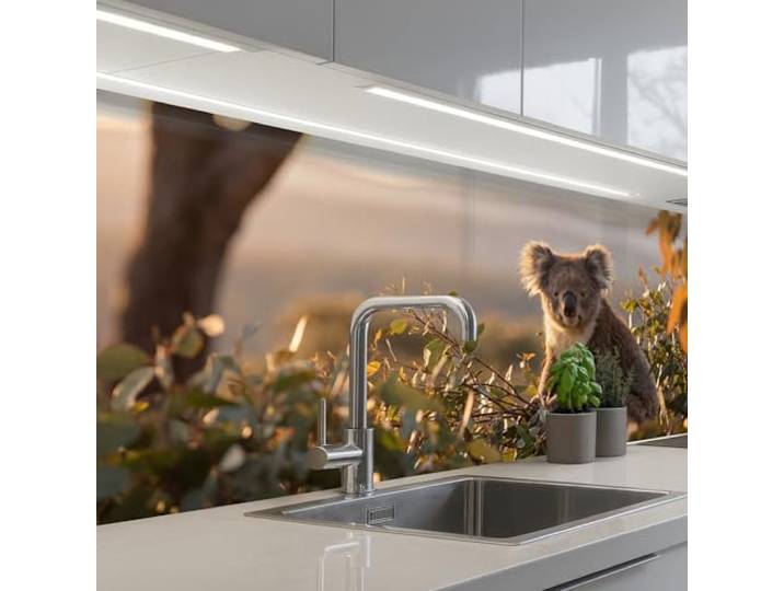 KitchenYeah© Küchenrückwand Selbstklebend Küchenspritzschutz Rückwand 80x200 cm - Wandschutz Ohne Bohren Spritzschutz Wand Wandverkleidung Koala - Blätter - Morgenlicht