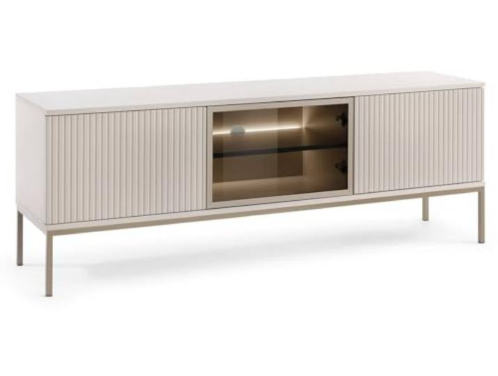 Emporius Daveno TV Kommode Beige mit LED, Glas, Lamellen - TV Schrank, Fernseher Kommode, Lowboard 3-türig - 154 cm breit