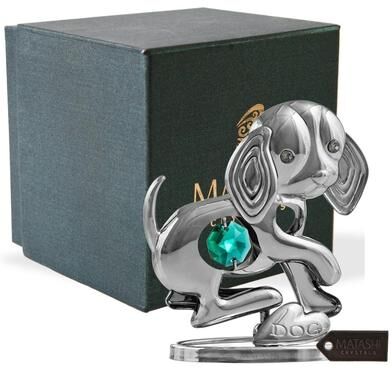 Matashi Home Decorative Tabletop Showpiece Chrome Plated Silver Puppy Ornament with Green Crystal Elegant Metal Dog Figurine