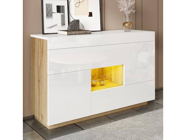 Merax Sideboard 120x37x76,5 cm, mit LED, Hochglanz-Vitrine in Weiß + Holzoptik, 2 Schubladen & 2 Türen, multifunktionaler Wohnzimmerschrank, Weiß & Holzfarbe