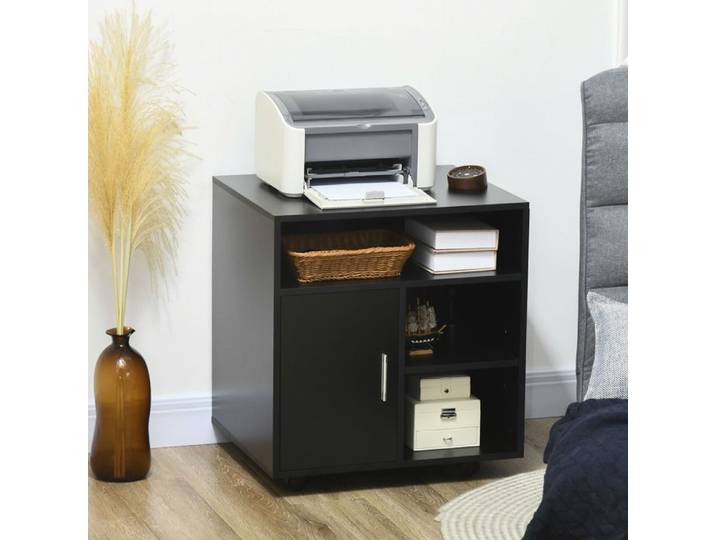 Caisson de bureau - Support imprimante - 3 compartiments + porte - Étagère réglable - Roulettes verrouillables