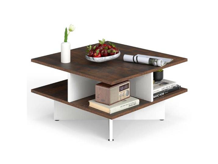 COSTWAY Table Basse Carrée à 2 Niveaux Table Basse Salon 60 cm avec 4 Compartiments de Rangement Base en Croix Marron Rustique