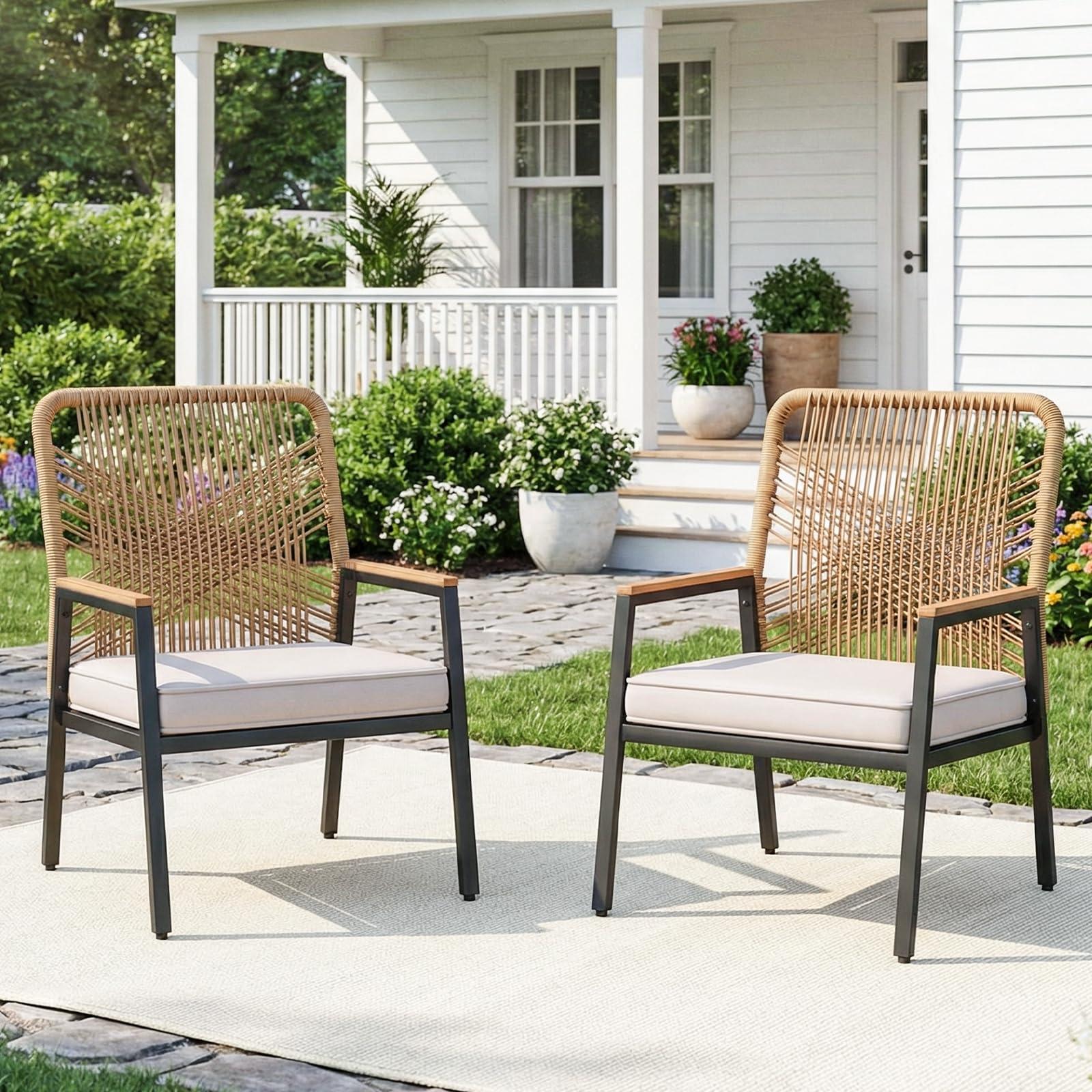 Famanu Rattan Gartenstuhl Set - 2er Set mit Metall und 8 cm dickem Sitzkissen