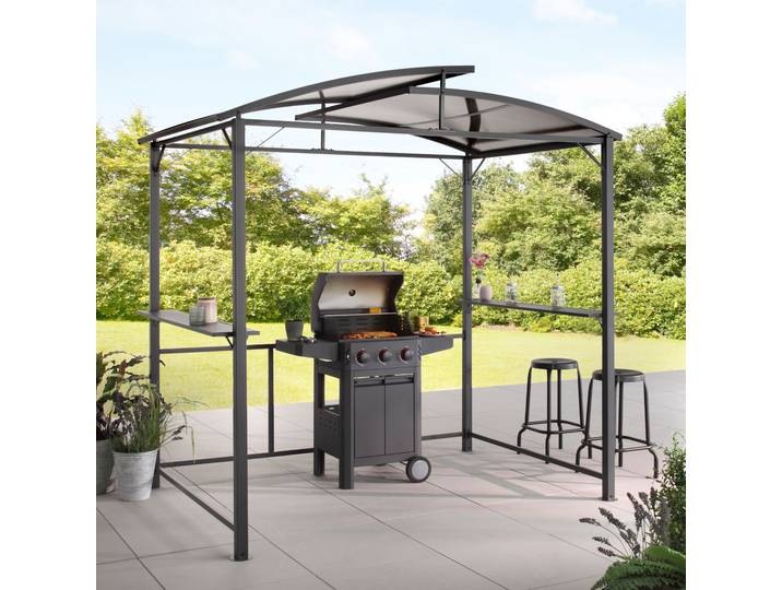 Grillpavillon KONIFERA Roma , grau (anthrazit, braun), B/H/T: 245cm x 232cm x 150cm, Pavillons, Grillpavillon, Außenmaße BxT: 245x150 cm, Stahlgestell, Polycarbonat-Dachplatten