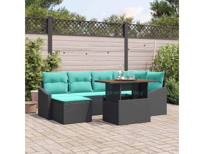 7-teiliges Poly-Rattan Garten-Esszimmer-Set mit Akazienholz-Tisch, Schwarz Modulares Design, Stauraum integriert, Schaumstoffkissen, UV-beständig, pulverbeschichteter Stahlrahmen