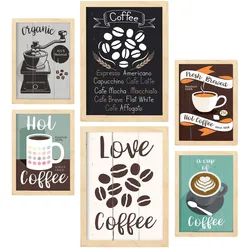 POSTER Set Mit 6 Kaffee Vollfarbige Illustrationen Von Kaffee & Getränken Im Werbetafel Illustrationen Für & Heim A3 & A4 Rahmen Aus Hellem Holz