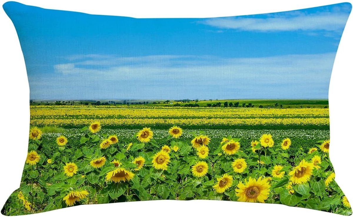 Sierkussenhoes Zonnebloem in Linnen Stof - Geel Groen Blauw - 30 x 51 cm