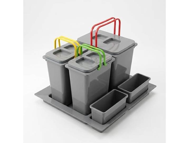 FurniFit Mülltrennsystem Küche für 60 cm Schrank 3-fach 52,5x49x40 cm (1x 20L + 2x 9L) mit Deckel Einbau Abfallsammler für Schubladen Küchenabfalleimer Abfalltrennung Abfallbehälter Set Silberfarben