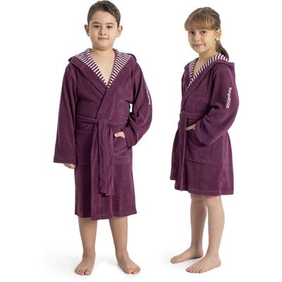 Kinderbademantel KANGAROOS "Dalia, Ideal für Zuhause, Schwimmbad oder im Urlaub" Gr. 152, beere, L:102cm, Veloursfrottier, Hausmäntel, Uni-Farben mit Streifen