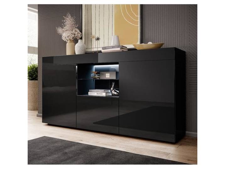 Design Ameublement - Buffet Bahut SEFORA LED - 3 portes - Noir Brillant - 135x72x34cm