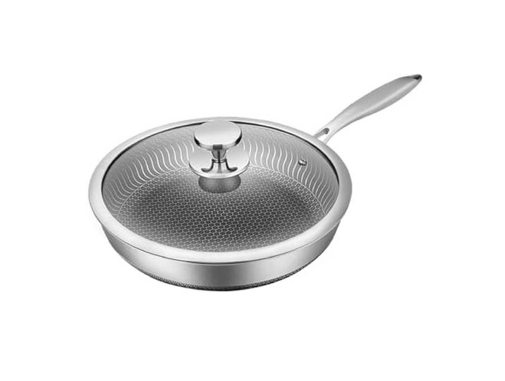GUHPZA Antihaft-Bratpfannen 316 Edelstahlpfanne Die Oberfläche Und Der Boden Der Bratpfanne Haben EIN Gitterdesign, Das Mit Allen Kochfeldern Kompatibel Ist，with Lid-32CM