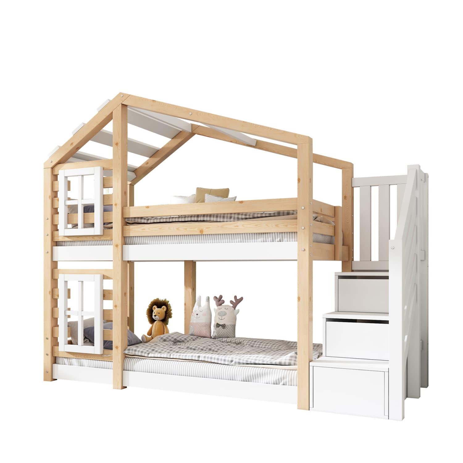 Kinderbett Baumhaus 90 x 200 cm, Etagenbett für Kinder in Fensterbauweise mit Speicherung und Rausfallschutz, Natur & Weiß - 2x Lattenrost
