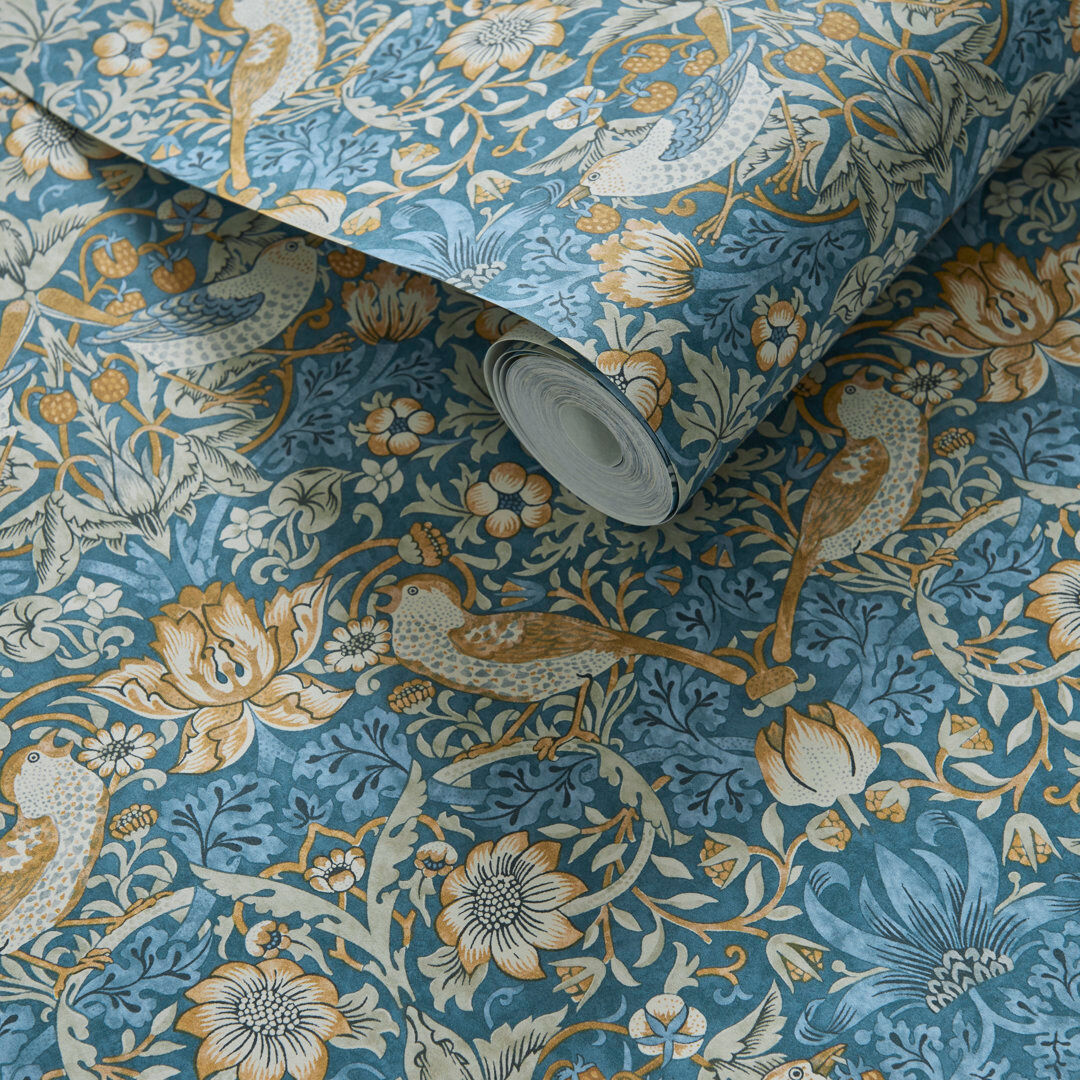William Morris Designs by Clarke & Clarke Strawberry Thief William Morris 10.05m x 52cm Matte Wallpaper Roll Denim/Spice 1,005cm L