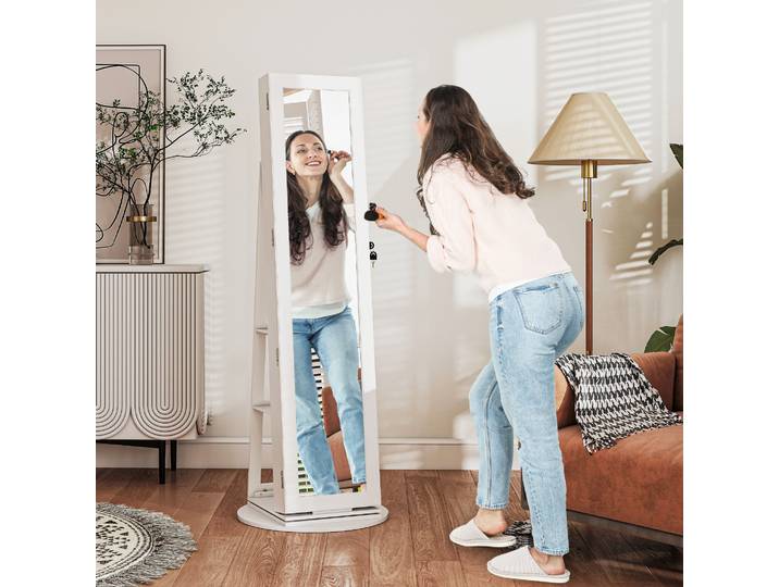 HOMCOM Armoire à Bijoux Pivotante 360° avec Serrure, Blanc