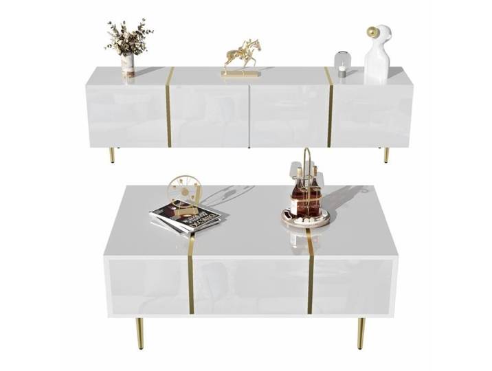 Ensemble meuble TV et table basse blanc brillant moderne Armoire TV Meuble télé pour le salon la chambre ou le couloir