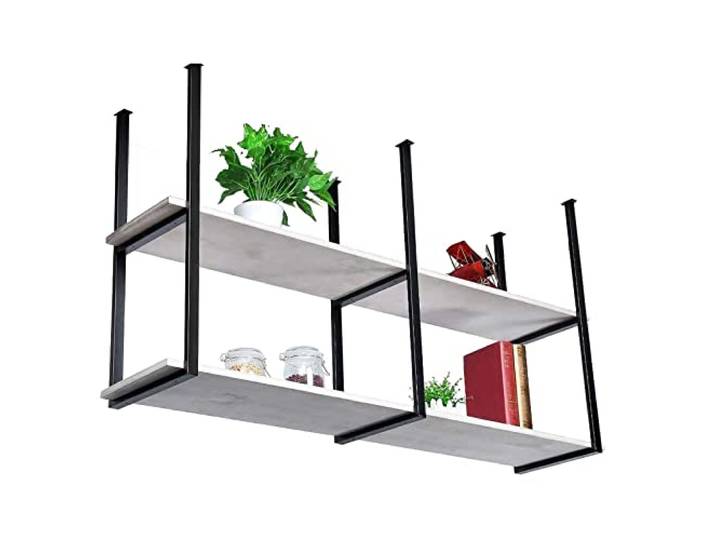 Hängend Massivholz Weinregal - Deckenregal - Wandmontiertes Schmiedeeisen Pflanzenständer - 2-stöckiges Hängeregal Für Die Küche - Schwarzer Ständer - Weiße Planke(80*30*80cm(31*12*31 IN))