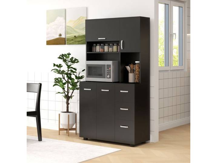 Buffet / Armoire de cuisine - Armoire de cuisine multi-rangements - 4 portes 3 tiroirs - Plan de travail - Noir contemporain
