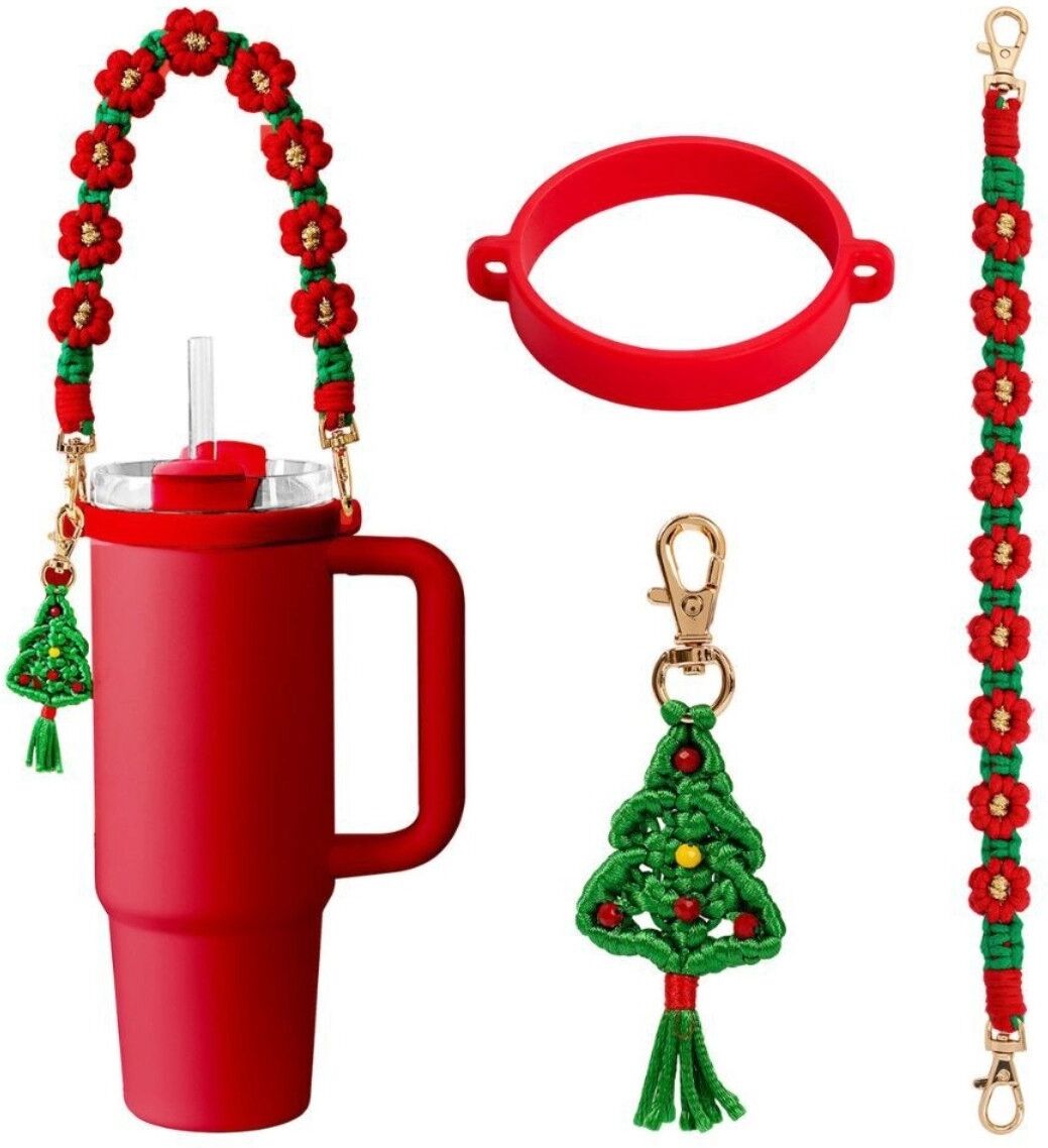 INF Stanley Cup Tragegurt Set: Handgewebtes Blumendesign mit Silikonring und Anhänger, kompatibel mit Stanley Cup