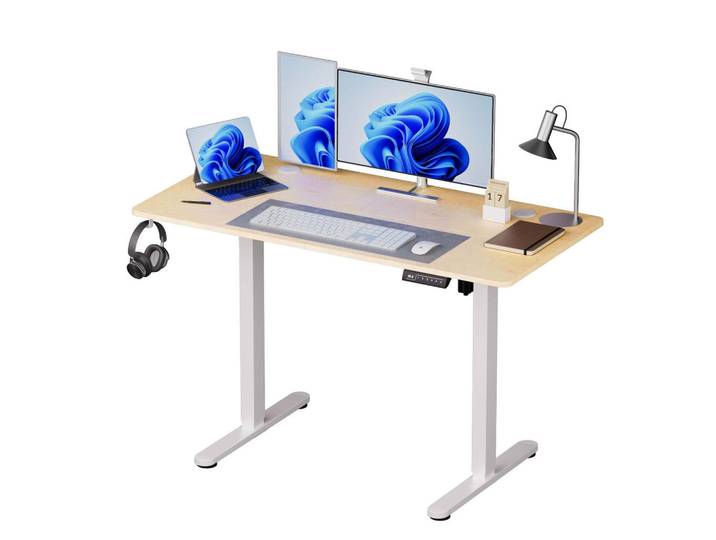 Relaxdays Schreibtisch Natur Weiß elektrisch höhenverstellbar, Mehrfarbig, Metall, Holzwerkstoff, Kunststoff, 140x120x60 cm, Büromöbel, Schreibtische, Höhenverstellbarer Schreibtisch