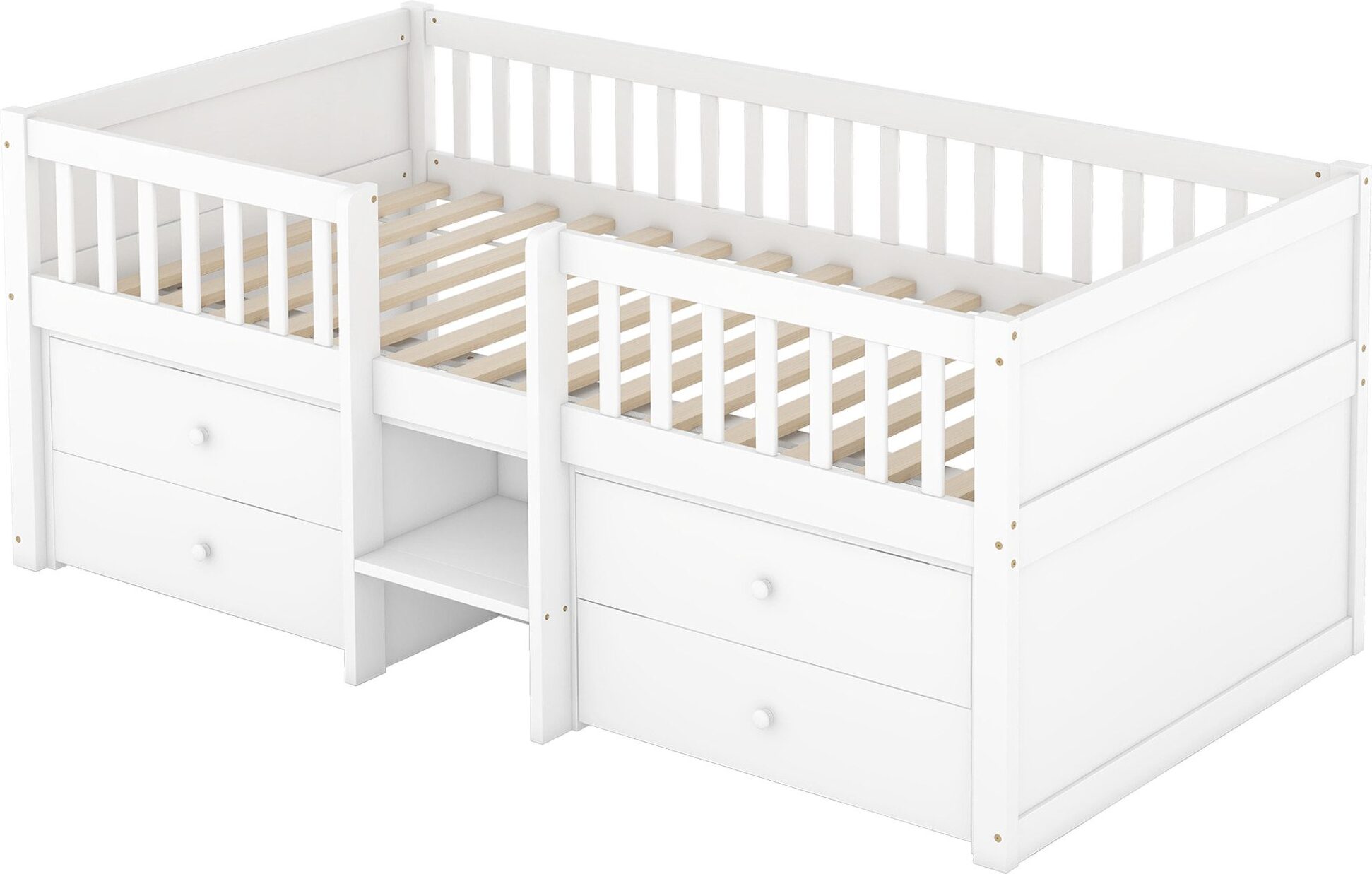 Kinderbett 90x200cm (Ohne Matratze) Halbhohes Bett mit 4 Schubladen Gelaender Leiter Kiefernholz Minimalistischer Stil Weiss