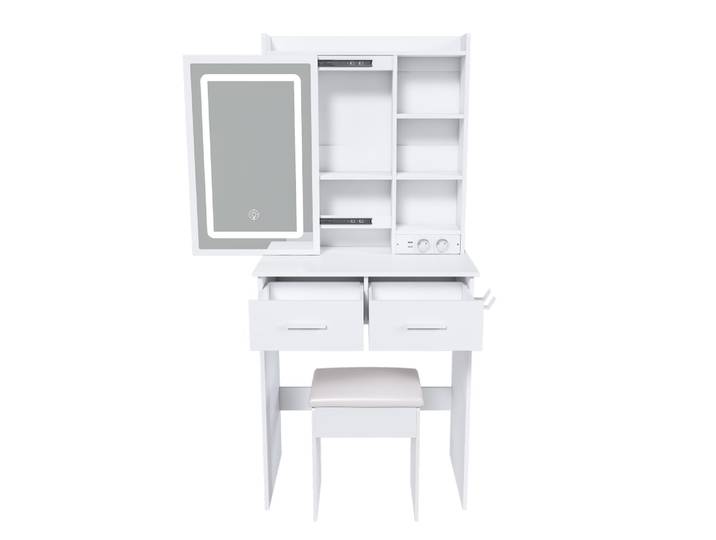 Coiffeuse blanche avec miroir LED, prises et tabouret 60x36x136 cm