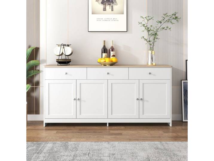 Buffet Moderne Buffet Bas Buffet bahut avec 3 tiroirs et 4 portes Rangement Armoire de Cuisine 160x37x75 cm pour Salon Cuisine Blanc