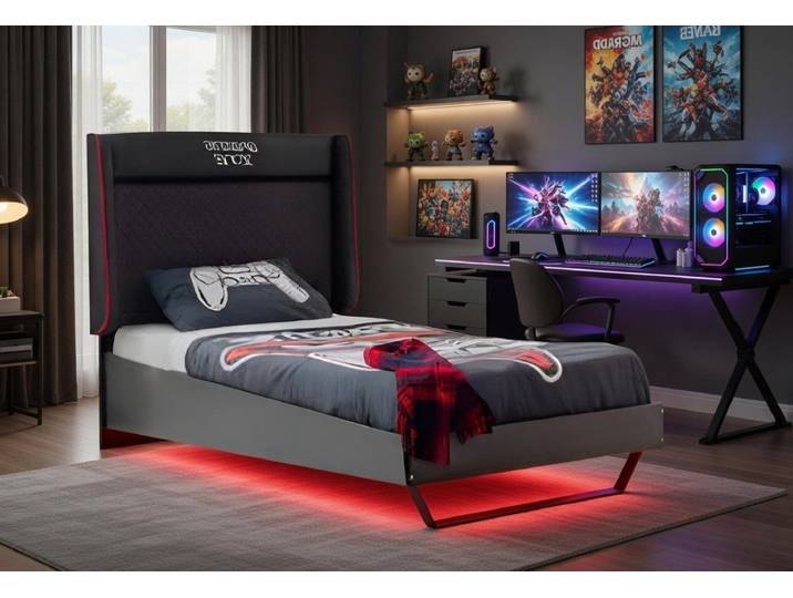 Xlmoebel Kinderbett Schwarzes Kinderbett mit rotem LED-Licht und Holzgestell (Kinderbett, Kinderbett mit LED-Beleuchtung), Made in Europa