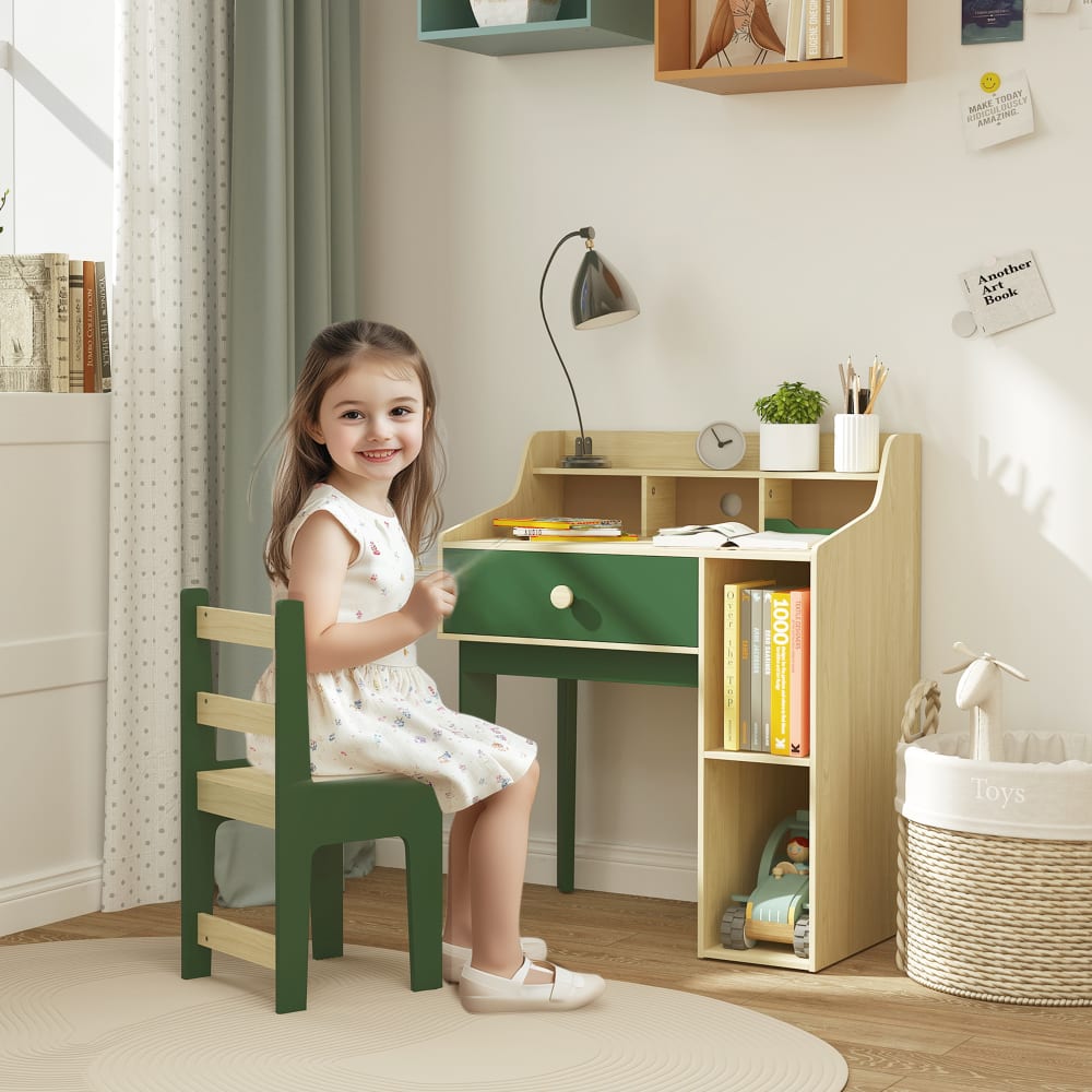 AIYAPLAY Ensemble bureau et chaise enfant avec étagère en bois naturel vert Vert 80x96x50cm