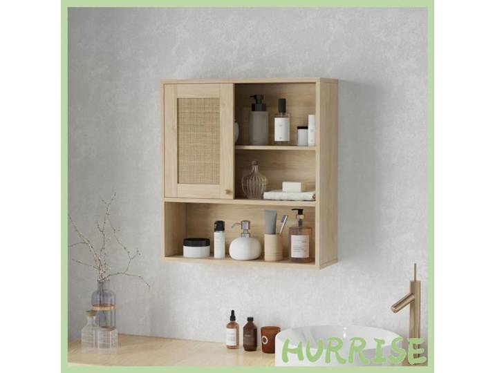 Cocosity Armoire Murale Meuble Haut Salle De Bain Avec Porte Coulissante En Rotin Et Étagères Ouvertes Bois Naturel