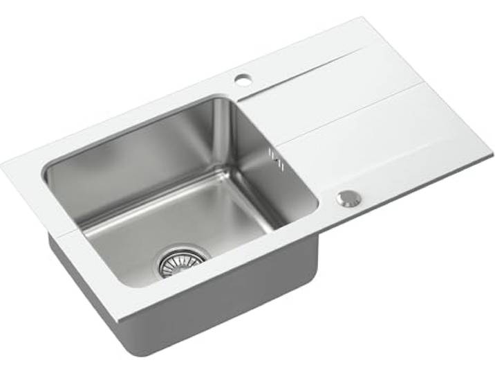 QUADRON Spülbecken Weiß Größe 78 x 44 cm Edelstahlspüle EDWARD Einzelbecken Küchenspüle mit Stahlkammer Granit Spülbecken mit manuellem Siphon und Schraubverschluss mit Abtropffläche