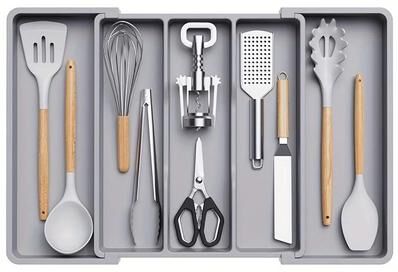 Uplifted Finds Expandable Adjustable Large Plastic Kitchen Utensil Organizer Customizable Cutlery Holder & Tray grey