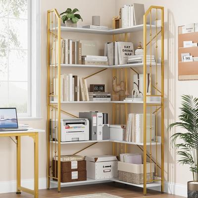 Garvee "5 Tier Corner Bookshelf, 72""H L Shaped Bookcase Adjustable with Wood Board, Industrial Storage Shelves with Beaded Design"