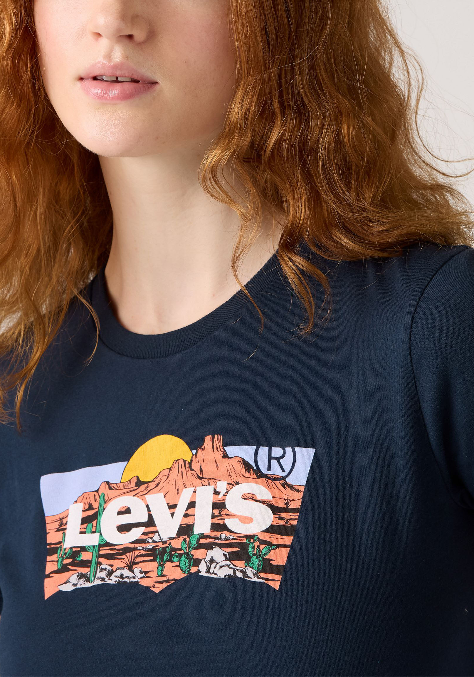 T-Shirt LEVI'S "THE PERFECT TEE", Damen, Gr. S (36), blau (canyon sun scenic bw), Jersey, Obermaterial: 100% Baumwolle, bedruckt, normal hüftlang, Rundhals, Shirts T-Shirt canyon sun scenic bw S (36)