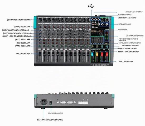 PA12 Professioneller Audio-Mischpult, Soundboard, Konsole, Systeminterface, 12-Kanal-Digitalmischer mit USB, Bluetooth, MP3-Anschluss, Computer-Eingang, 48V Phantomspeisung und integriertem 99-Effekt-Reverb