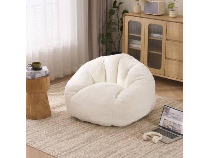 Sitzsack Sessel Mittel Cremefarben Memory-Schaum Kunstfell Weich Bean Bag Chair Für Erwachsene Und Kinder, Sitzsäcke Sessel Mit Rückenstütze Für Wohnzimmer