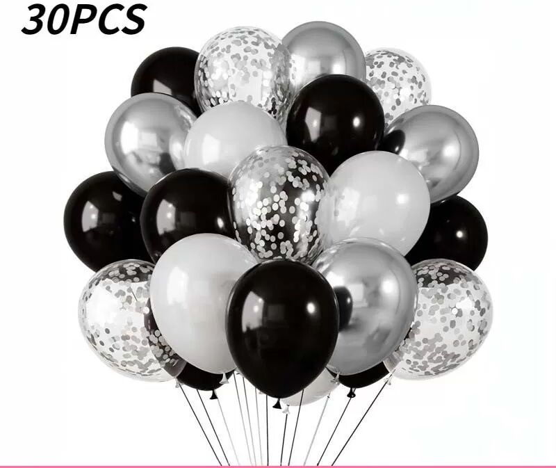 INF Ensemble de 30 ballons en latex noir, argent et blanc pour décorations de fête