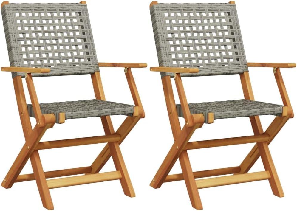 2er-Set graue Gartenstühle aus massivem Akazienholz und Poly-Rattan, klappbar, für Terrasse, Balkon und Garten