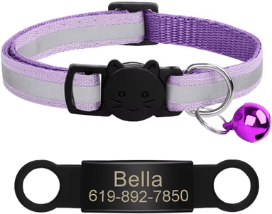 Inspire Picks Personalized Reflective Cat Collar With Engraved ID Nameplate & Bell purple 341