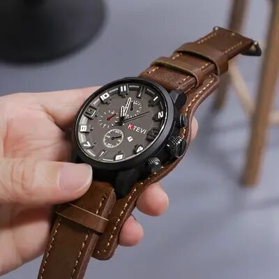 Perfect Picks Market Retro Men Big Dial Leather Band Quartz Watch Business, Military, And Sports Wristwatch coffee
